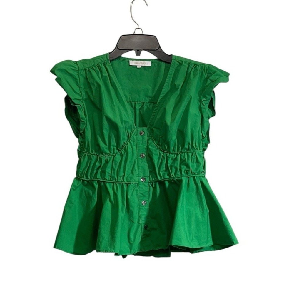 Olivaceous Bright Green Ruffle Sleeve Button-Front Peplum Top